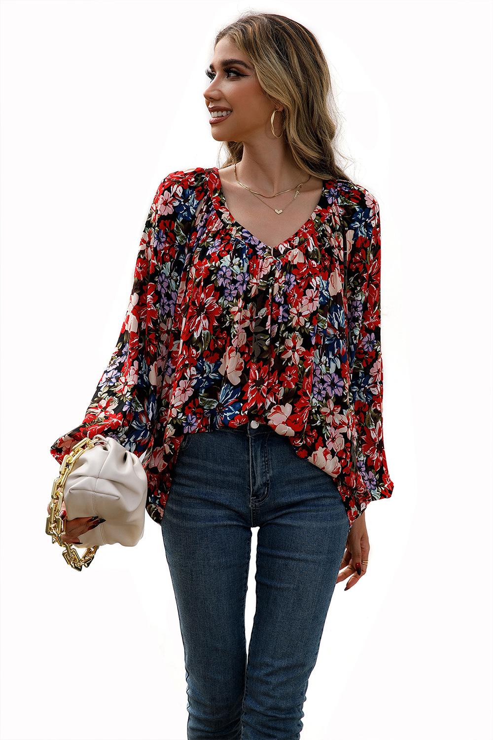 Loose Casual Small Floral Long Sleeve V-Neck Shirt shopper-ever.myshopify.com