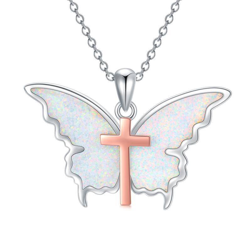 Sterling Silver Butterfly Artificial Opal Cross Necklace Jewelry