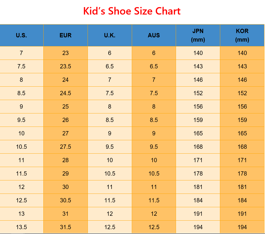 Tabla de tallas de zapatos para niños para EE. UU. EUR Reino Unido AUS JP KOR y talla de zapatos del Reino Unido para nosotros