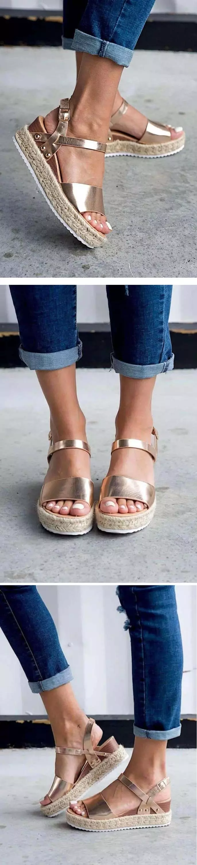 2020 Neue Rose Gold Schuhe Casual High Heels Ankle Strap Sommer Strand Jute Espadrille Sandalen Frauen