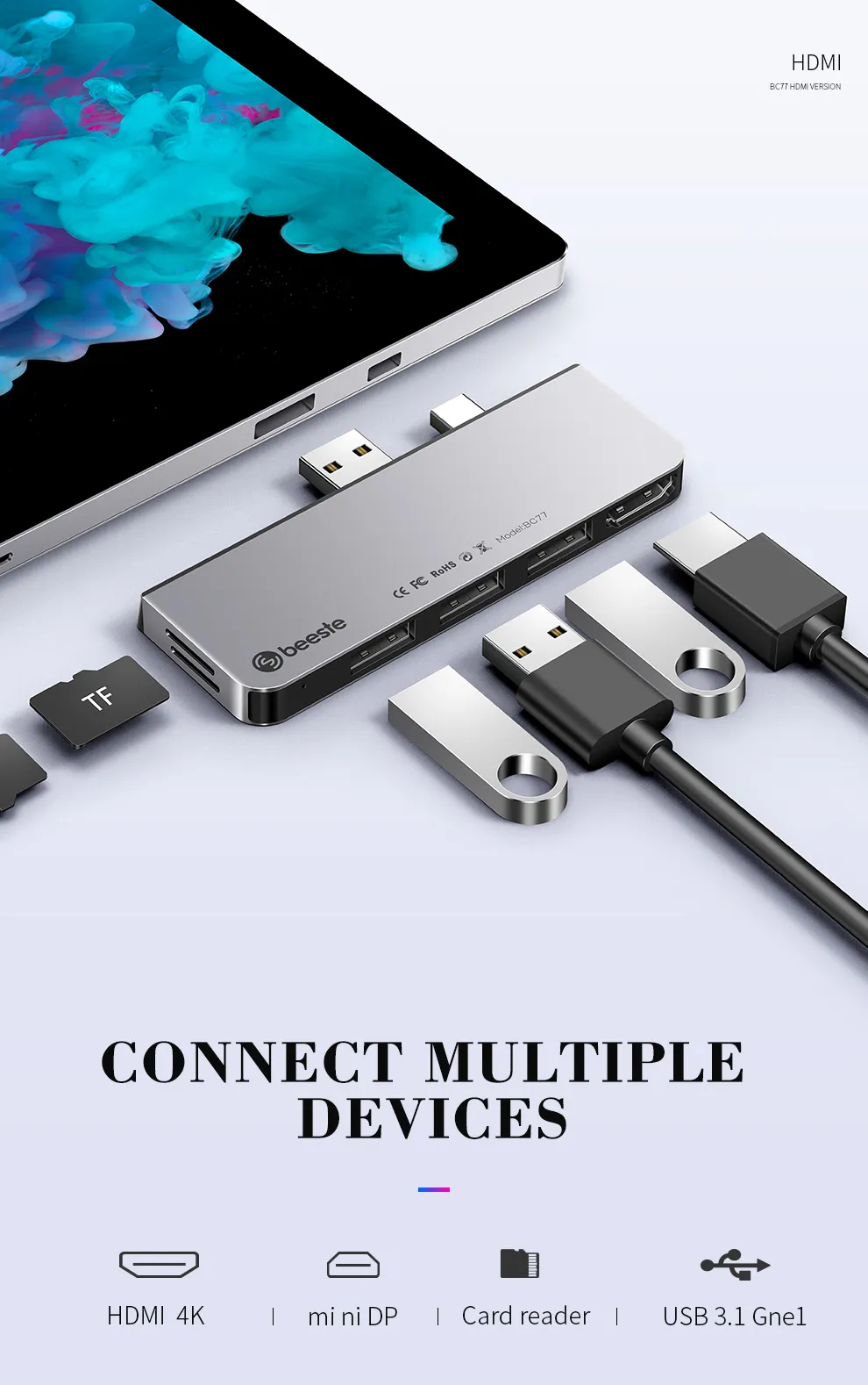 Beeste 2020 NEW 7 in 1 docking station  usb c hub USB 3.1Gne1 x 3 HDMI x 1 TF card x 2 for surface pro 5 / 6