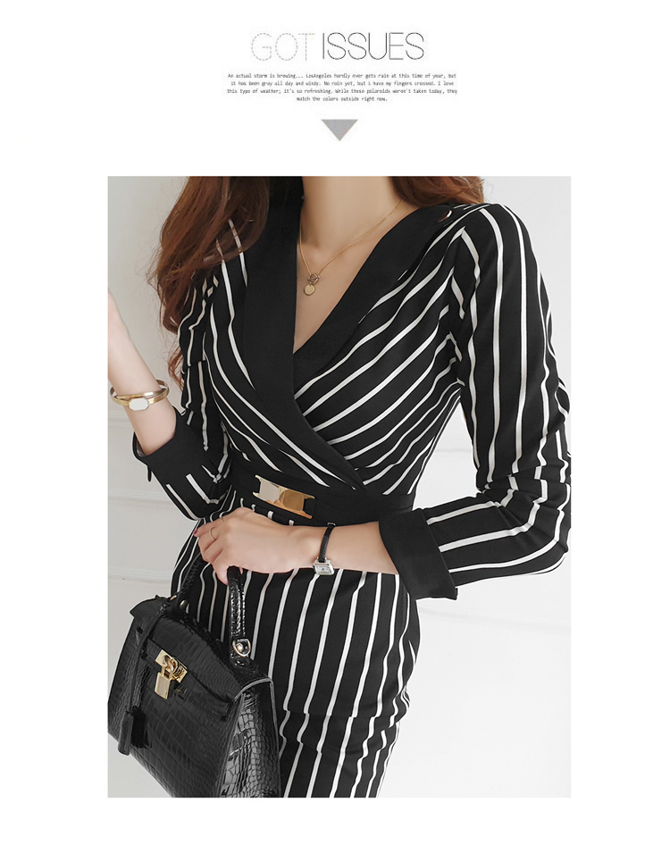1631597106739417088 Autumn New Style Japanese and Korean Ladies V-neck Slim Mid-length Color Matching Striped Professional Hip Dress