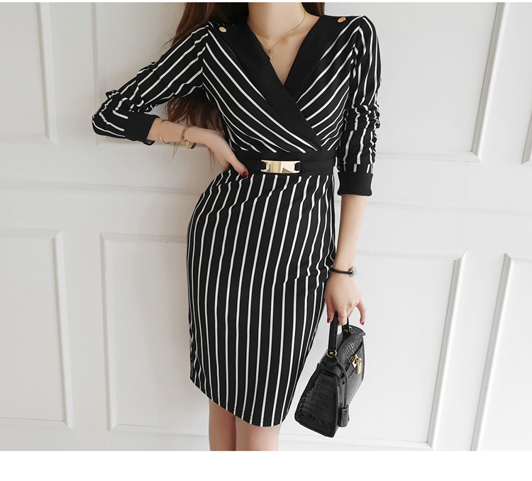 1631597109532823552 Autumn New Style Japanese and Korean Ladies V-neck Slim Mid-length Color Matching Striped Professional Hip Dress