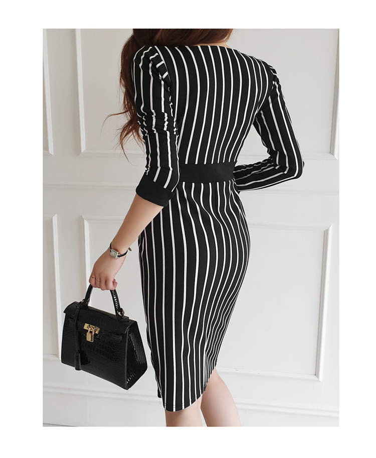 1631597111072133120 Autumn New Style Japanese and Korean Ladies V-neck Slim Mid-length Color Matching Striped Professional Hip Dress