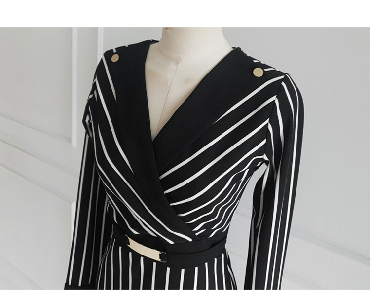 1631597115455180800 Autumn New Style Japanese and Korean Ladies V-neck Slim Mid-length Color Matching Striped Professional Hip Dress