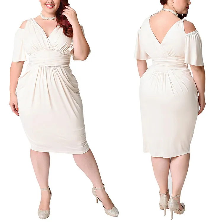 Nouveau design grande taille grosses femmes vêtements col en V profond épaules nues robe de mariée jupes