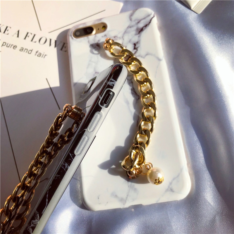LUDI New Marble Case for iPhone X 8 7 7plus Pearl Gold Chain Wrest Strap Fundas for iPhone6plus 6 6s 8 plus Slim Cover for girl 4