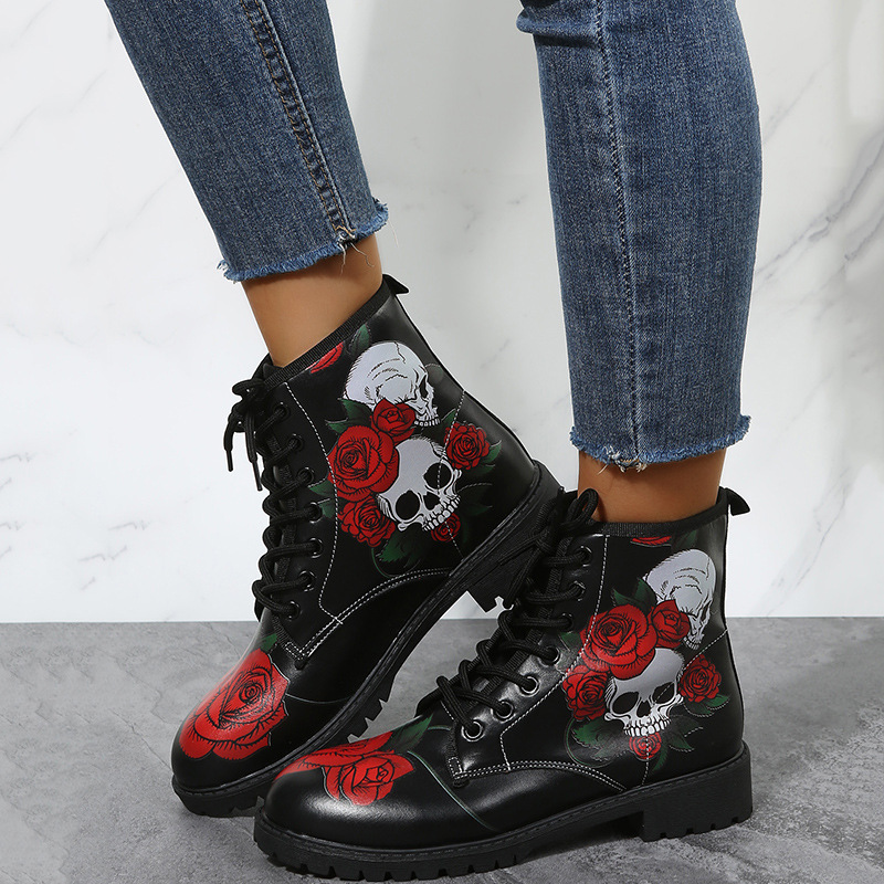 Halloween Shoes Rose Flower Print Lace-up Ankle Boots Women ...