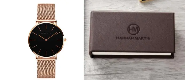 style: Black Gold - Japan Quartz Movement High Quality 36mm hannah Martin Women Stainless Steel Mesh Rose Gold Waterproof Ladies Watch