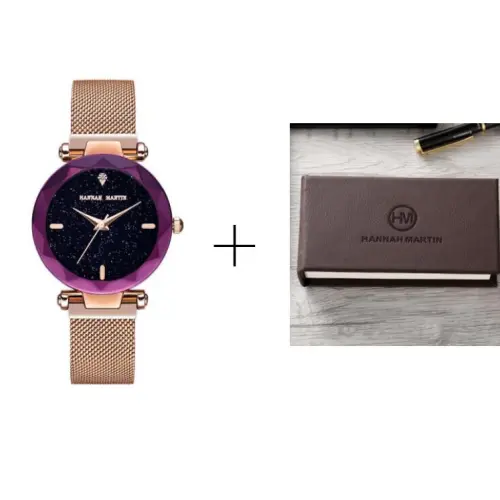 style: Purple Gold - Japan Quartz Movement High Quality 36mm hannah Martin Women Stainless Steel Mesh Rose Gold Waterproof Ladies Watch