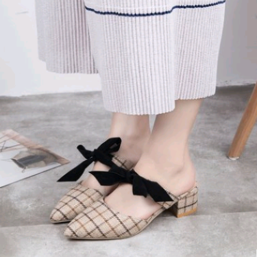 Summer new plaid fabric bow bow pointed toe half drag low heel slippers women's shoes—3