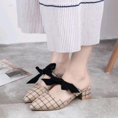 Summer new plaid fabric bow bow pointed toe half drag low heel slippers women's shoes—4