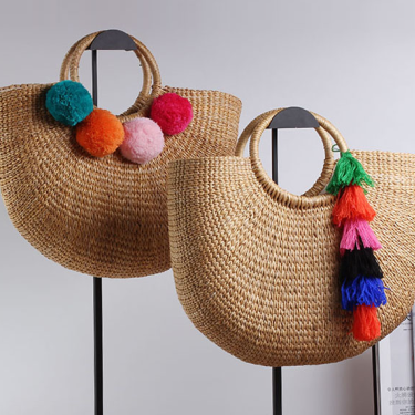Pure-color handmade Mori Nv Korean version cotton and hemp beach knitting lady straw wrapping rattan wrapping bamboo wrapping shoulder straw wrapping—1