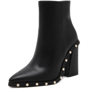 Rivet decoration pointed thick heel ankle boots—5