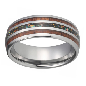 Tungsten 8MM wedding bands for men and women with blue opal / Multicolor Koa wood opal inlaid polished dome—1