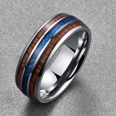 Nuncad Polished 8MM Hawaiian Koa Wood Men Ring Real Size Wedding Bands Blue Imitation Vermiculite 100% Tungsten Carbide Ring—3