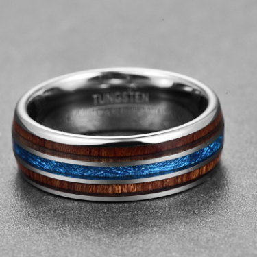 Nuncad Polished 8MM Hawaiian Koa Wood Men Ring Real Size Wedding Bands Blue Imitation Vermiculite 100% Tungsten Carbide Ring—1