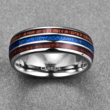 Nuncad Polished 8MM Hawaiian Koa Wood Men Ring Real Size Wedding Bands Blue Imitation Vermiculite 100% Tungsten Carbide Ring—2