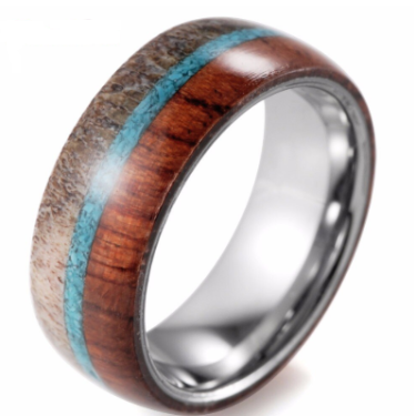 Tungsten ring with wood inlays and wild antlers for 8mm man with dome by SHARDON—1