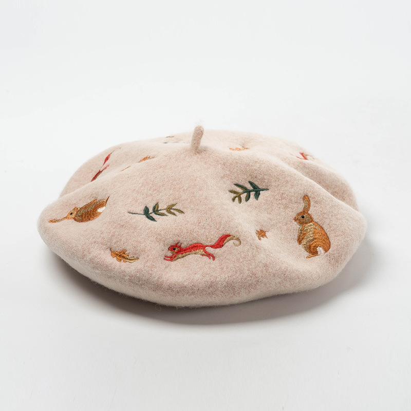 Embroidered Squirrel and Rabbits Floral Hat Beret Cottage Core Beret Hat