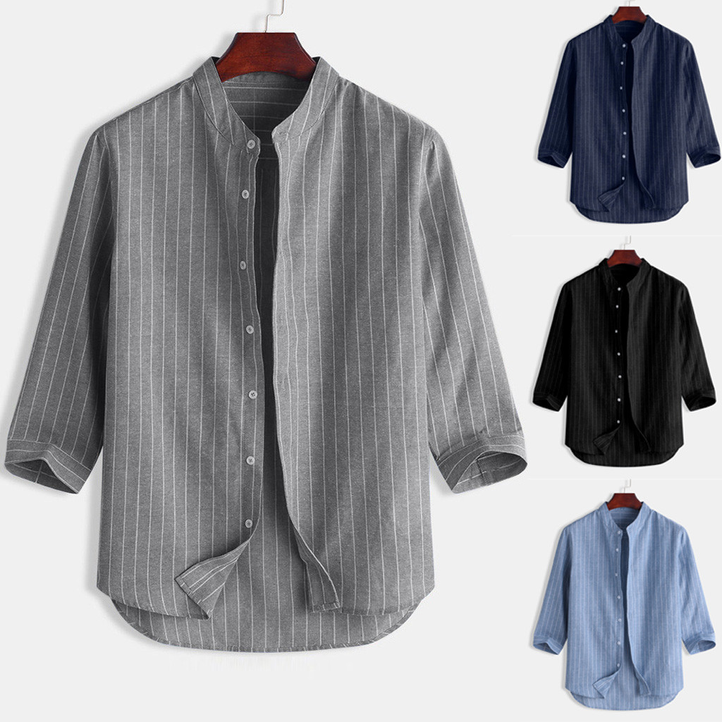 Striped Linen Three Quarter Sleeve Men's Shirt CJdropshipping