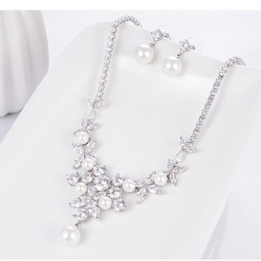 Bridal suite zircon Pearl Necklace + ear ear clip two pieces, simple wedding accessories Taobao source—3