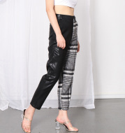 Contrast color stitching pu leather cropped pants