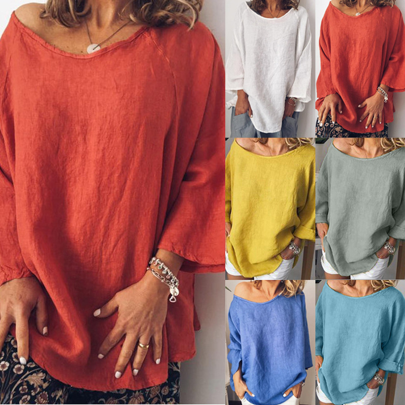 Cotton and linen solid color loose top - CJdropshipping