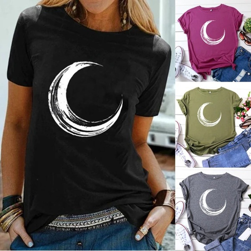 Moon print casual round neck T-shirt women - CJdropshipping