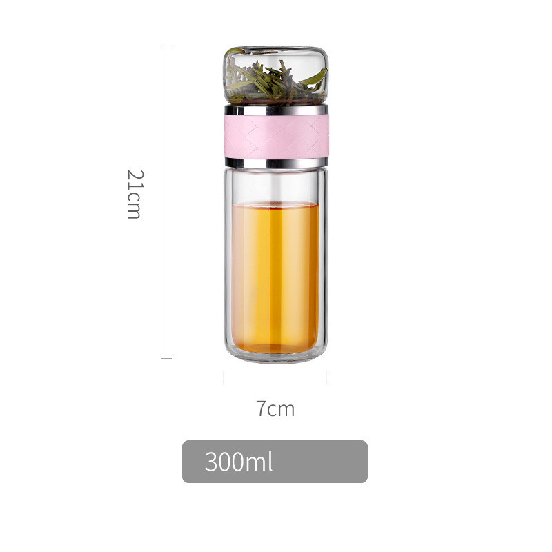 Color: Brown and cup cover, Size: 300ml - Tea separation glass cups, tea cups, double glass cups