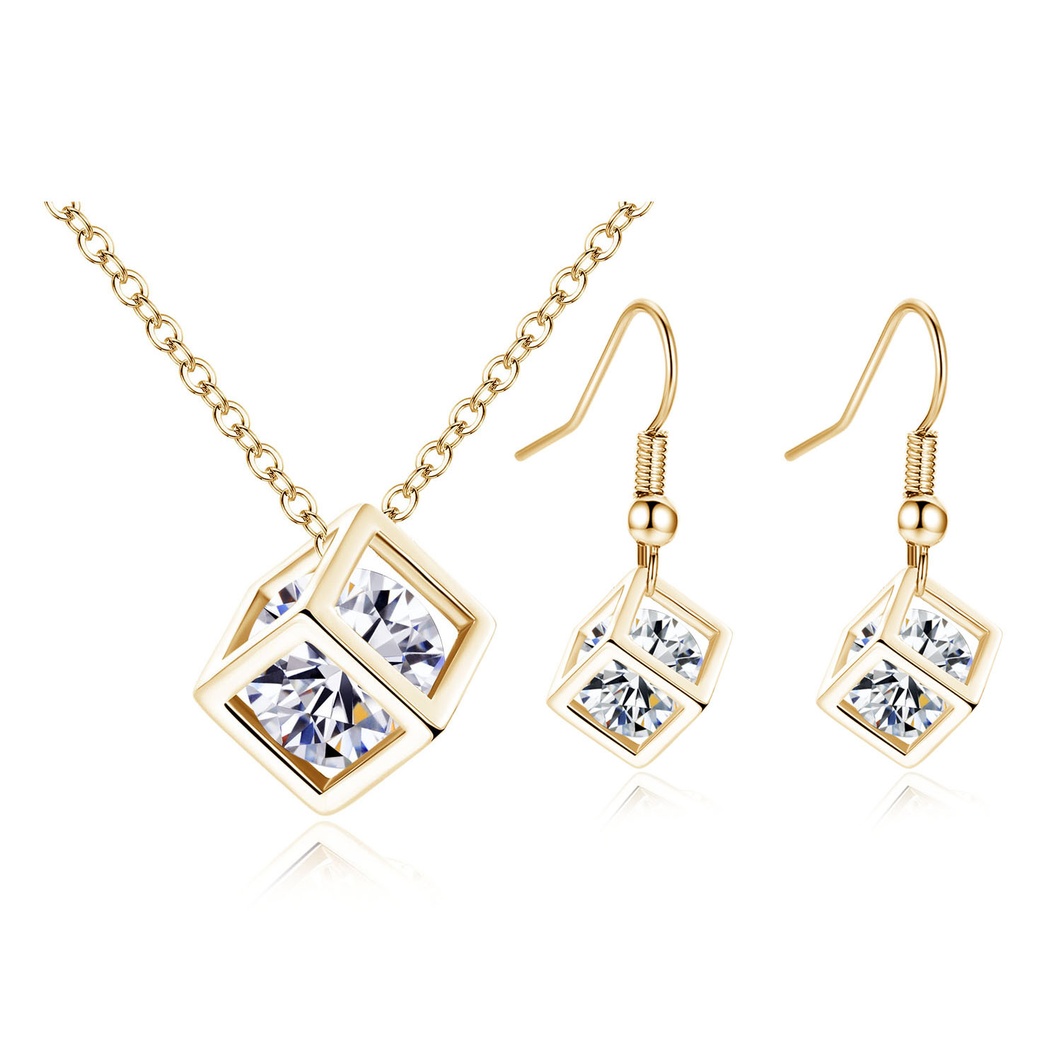 Cubic Zirconia Jewelry Set | Crystals inside a Cube Earrings & Necklace