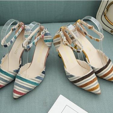 Sandals with cat and buckle cloth stripe heels—2