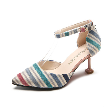 Sandals with cat and buckle cloth stripe heels—3