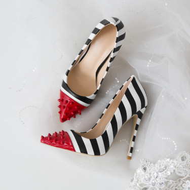 Color rivet striped fashion high heels—6