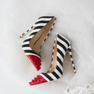 Color rivet striped fashion high heels—5