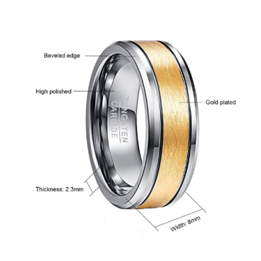 Men's 8mm Gold Color Brushed Center Two Grooves Tungsten Carbide Wedding Band Rings Beveled Edge—4