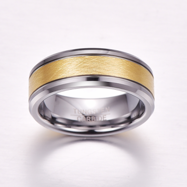 Men's 8mm Gold Color Brushed Center Two Grooves Tungsten Carbide Wedding Band Rings Beveled Edge—2