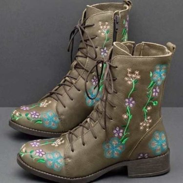 Ladies mid-heel embroidered low boots—1