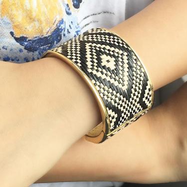 Bohemian black straw woven wide bracelet—1