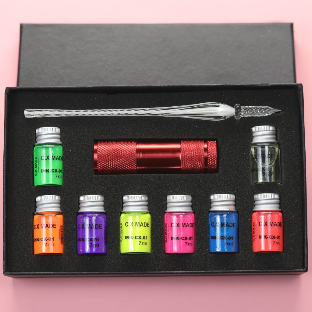 Fluorescent ink Fountain Pen Dip Set Glass Pen Glowing Bottled New Box - Picture 9 of 11