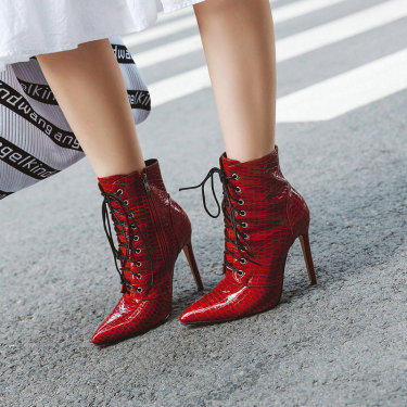 Patent leather high heel red female boots—1