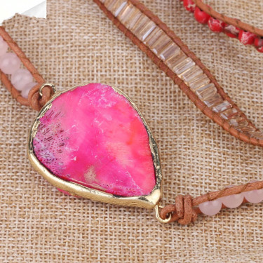 Pink Coral Leather Bracelet with Bohemian Beads—5