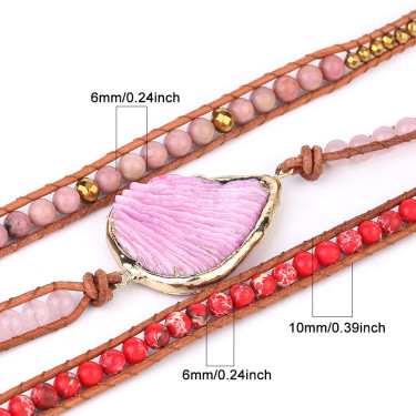 Pink Coral Leather Bracelet with Bohemian Beads—2