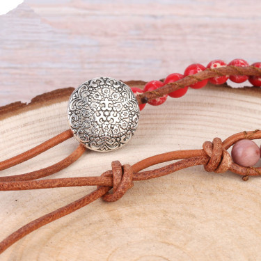 Pink Coral Leather Bracelet with Bohemian Beads—3
