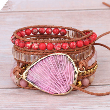 Pink Coral Leather Bracelet with Bohemian Beads—1