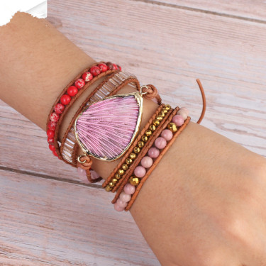 Pink Coral Leather Bracelet with Bohemian Beads—4