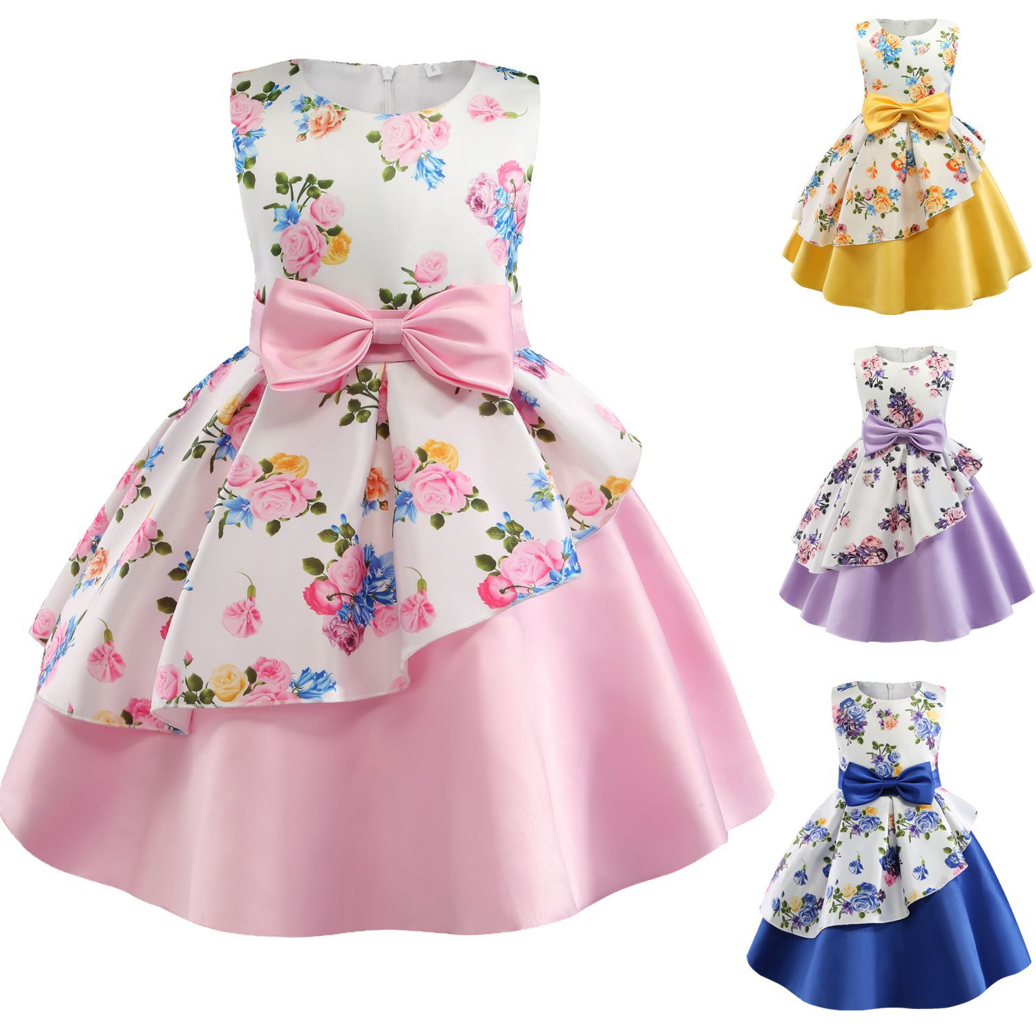 Girls' dress irregular skirt print children's dress bow costume ...