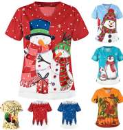 Christmas clothing printed shirt V-neck short-sleeved t-shirt women