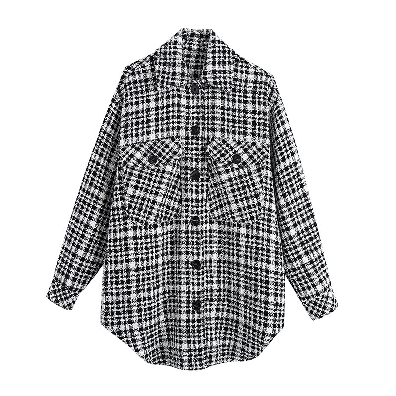 Autumn and winter European and American black and white plaid shirt ...