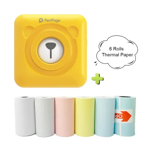 Model: 6pc thermal paper, Color: Yellow - Mini Bliuetooth Wireless Thermal Printer Paper Sticker Label Printer
